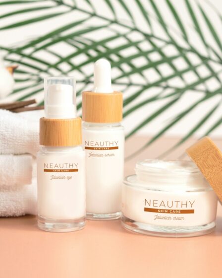 white and brown plastic bottles on white textile