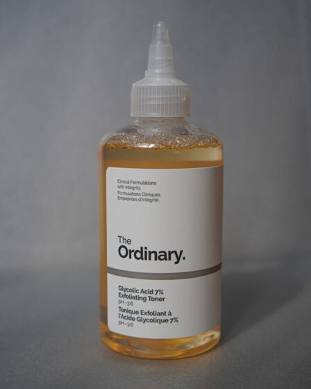 A detailed photo of The Ordinary's Glycolic Acid 7% Exfoliating Toner bottle.